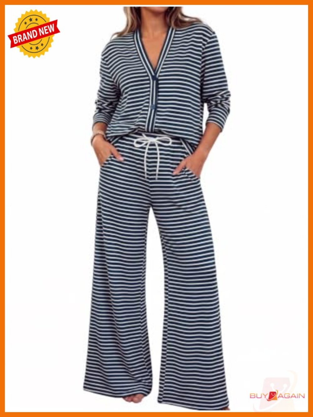 Women's 2 Piece Lounge Set - Striped Cardigan & Wide Leg Pants, Cotton Blend,